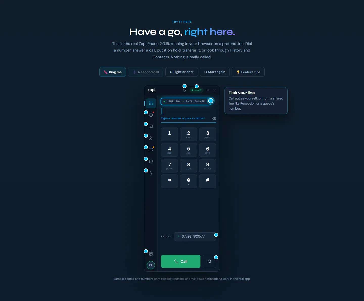 The Zopi Phone demo on the download page, with feature tips on the phone's buttons