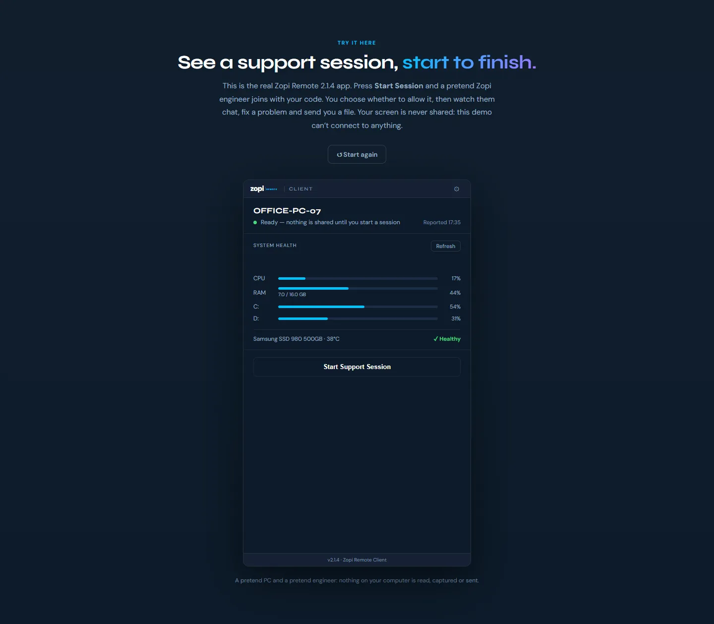 The Zopi Remote demo on the Remote Support page, ready to start a support session
