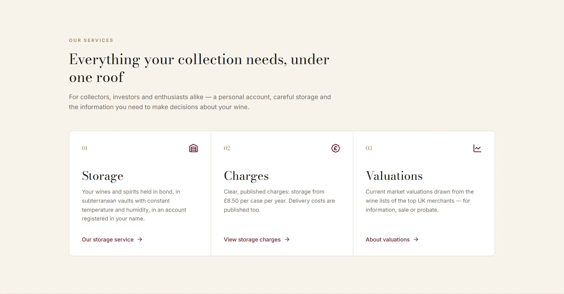 The Wine Tunnels services section: Storage, Charges and Valuations