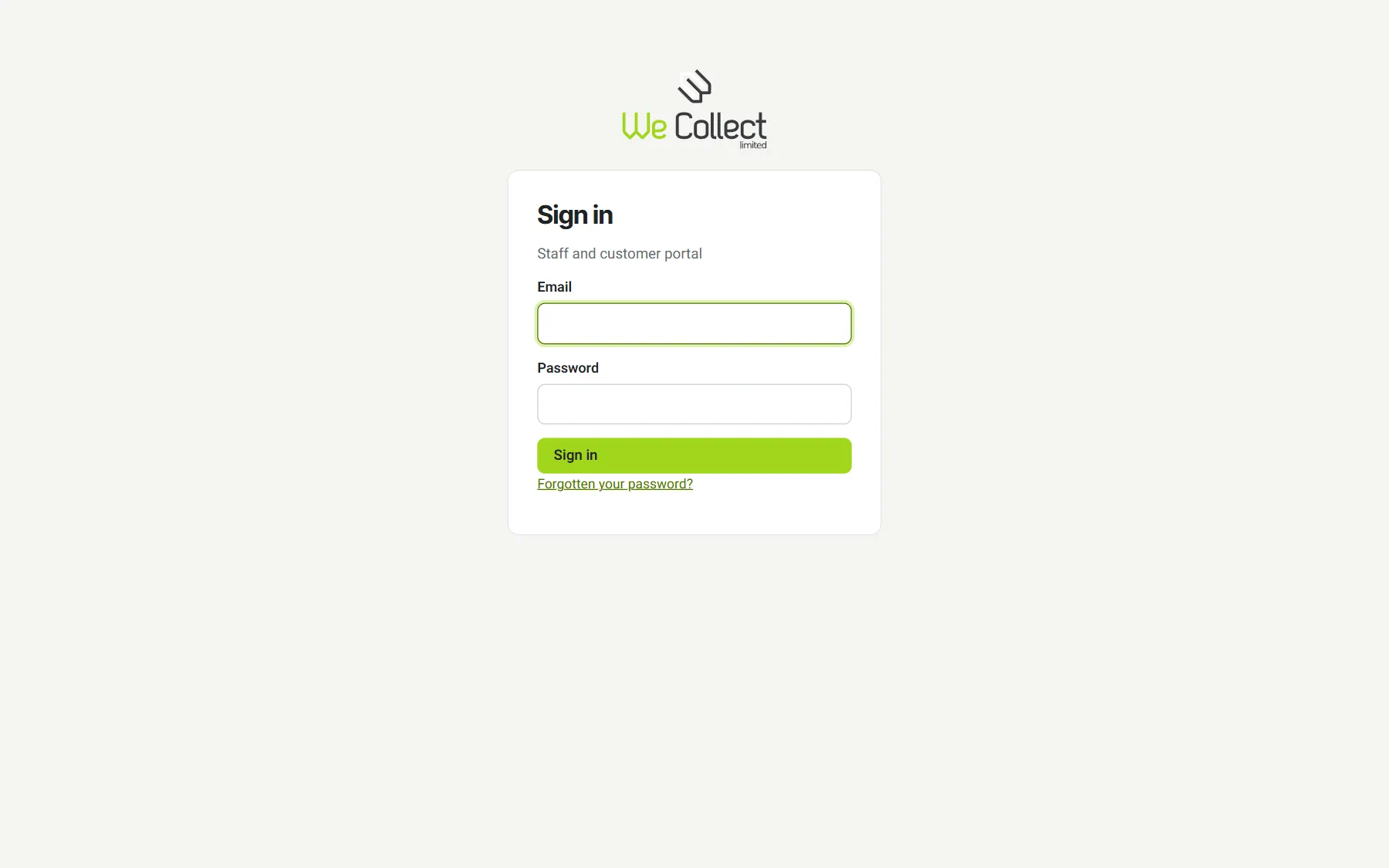 The We Collect staff and customer portal sign-in page