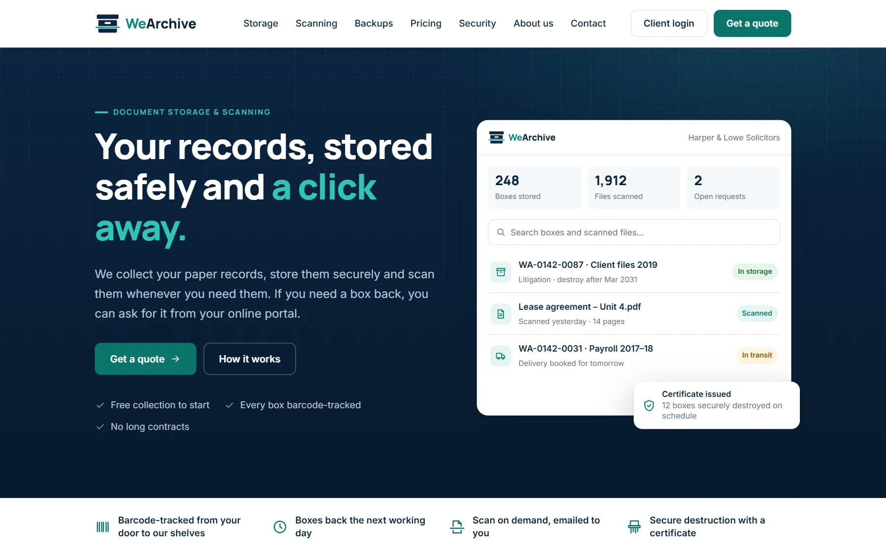 The WeArchive website: Your records, stored safely and a click away, beside the client portal