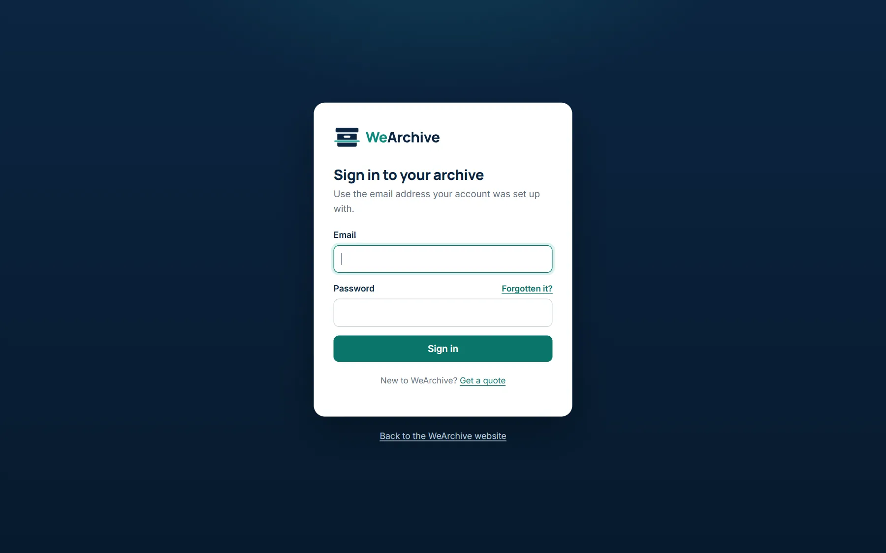 The WeArchive client portal sign-in page