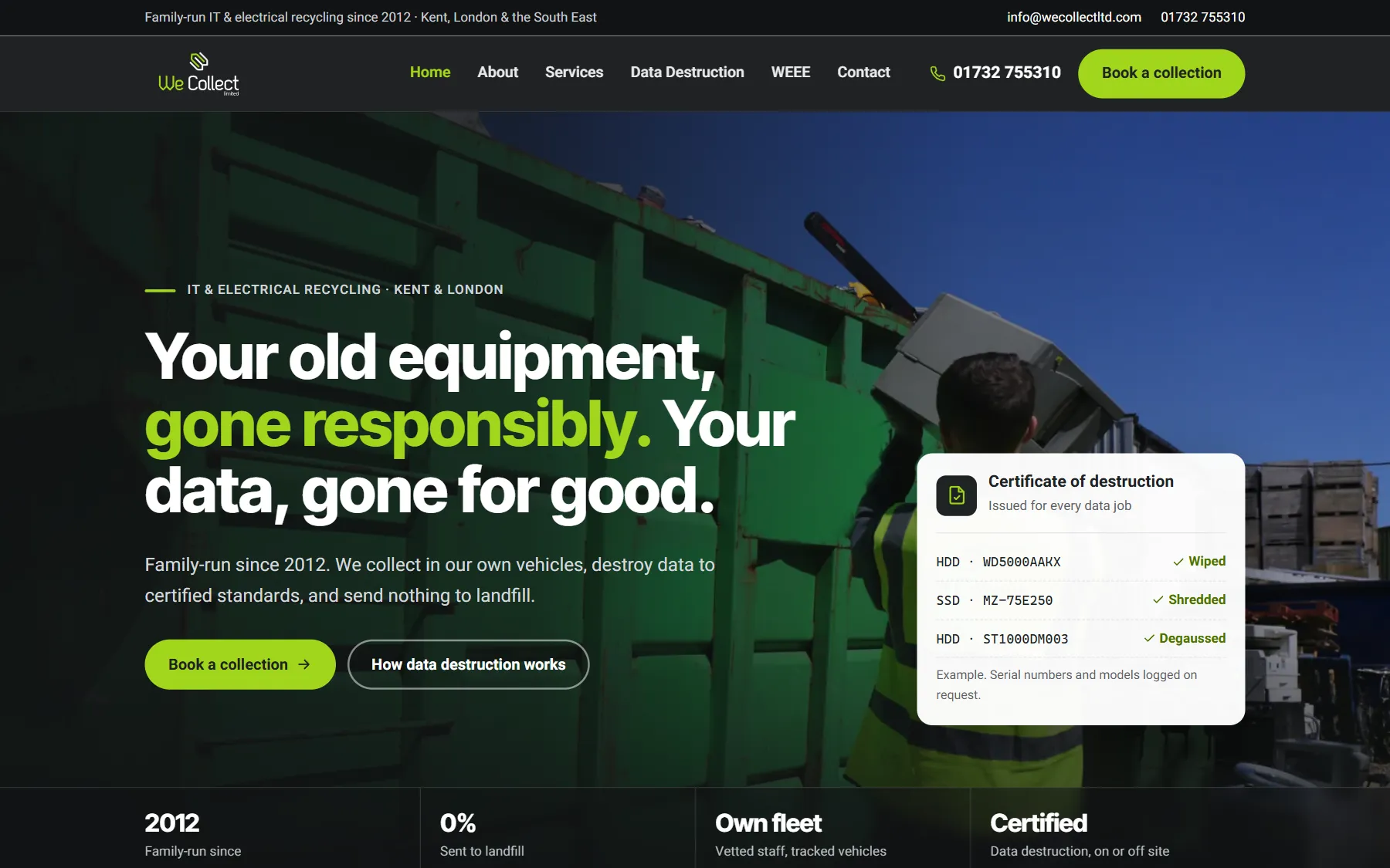 The We Collect website: Your old equipment, gone responsibly. Your data, gone for good.