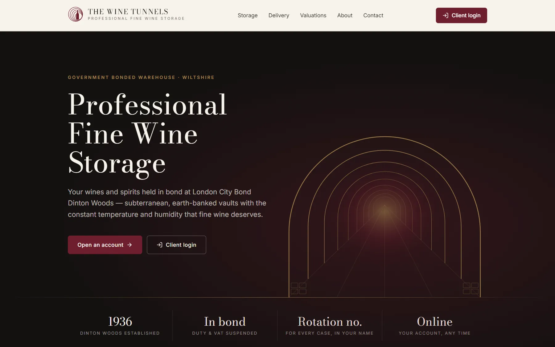 The Wine Tunnels website: Professional Fine Wine Storage, with an illustration of an arched wine tunnel