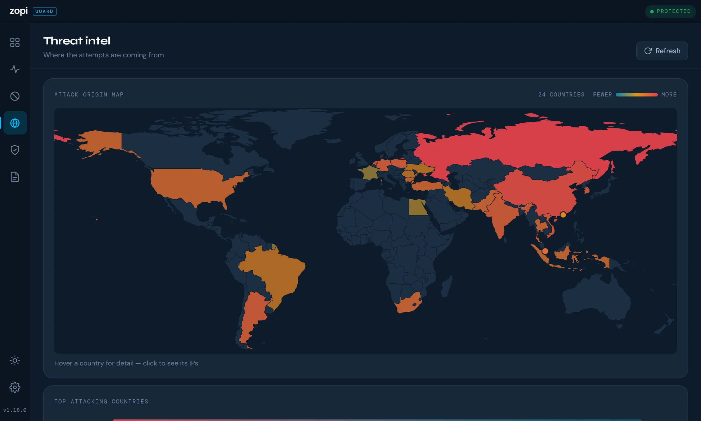 Zopi Guard’s threat intel page: a world map shaded by where attacks on the server came from