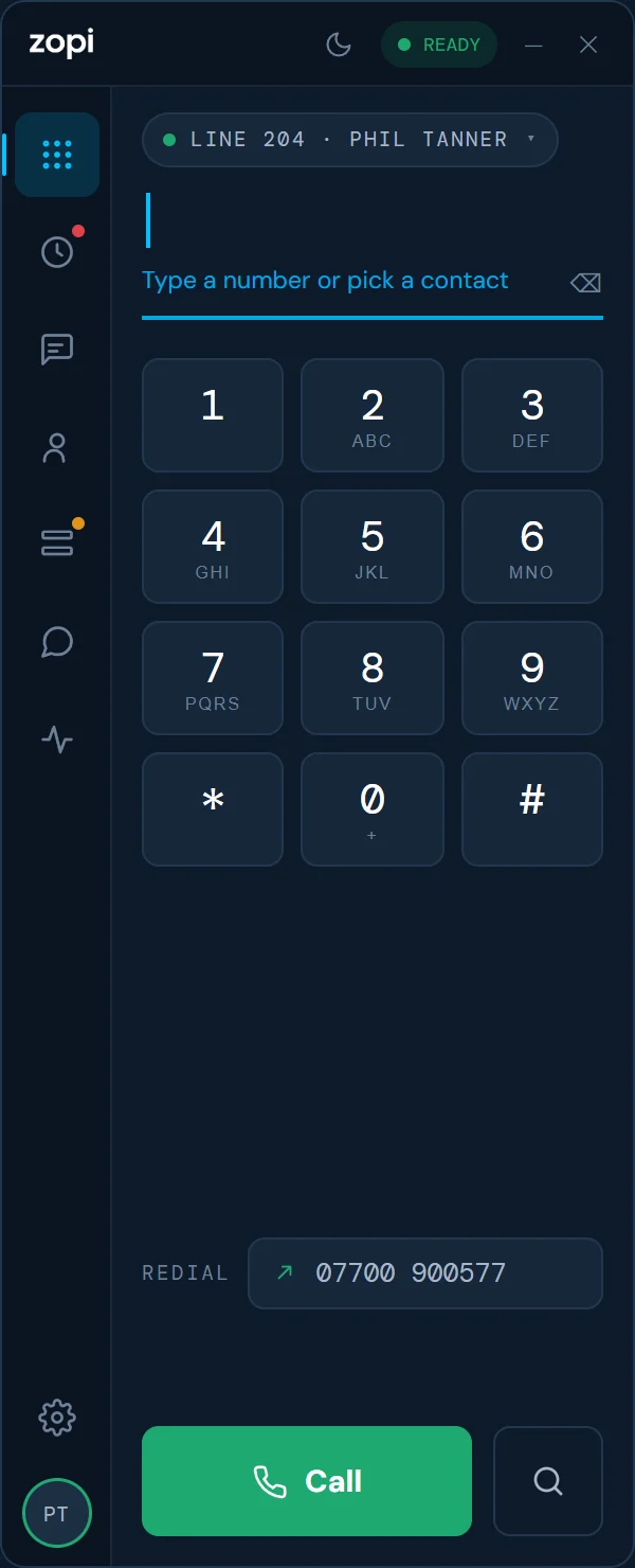 Zopi Phone’s dialpad, ready to make a call