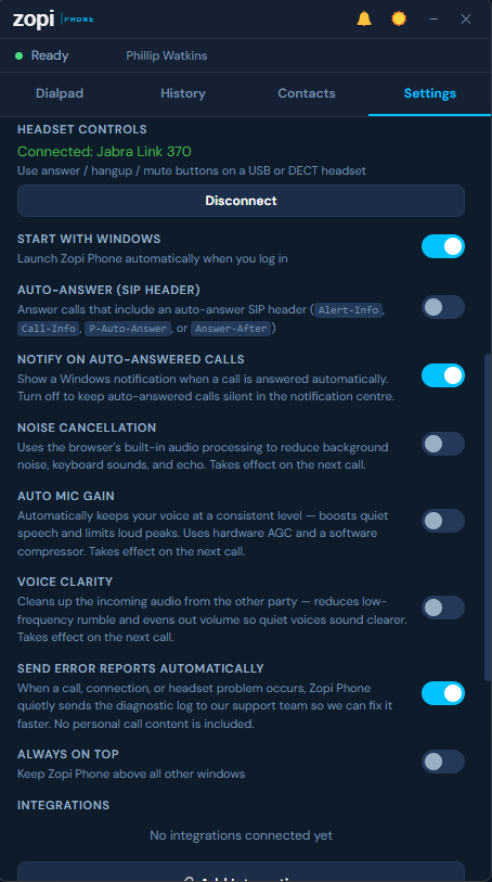 Zopi Phone settings — headset controls, noise cancellation and voice clarity